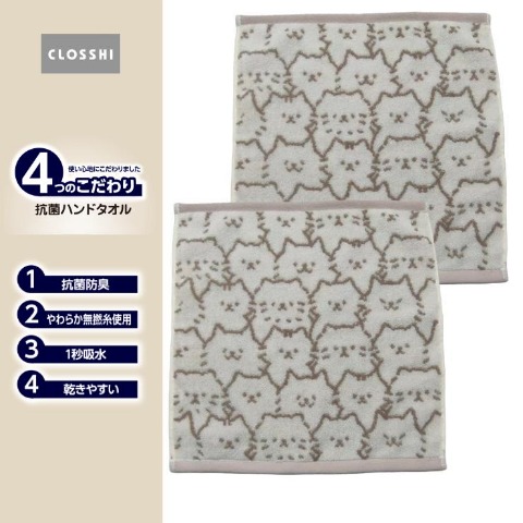 2枚組ハンドタオル（4つのこだわり・猫フェイス）