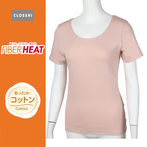 レディース　ラウンドネック三分袖インナー（FIBER HEAT）