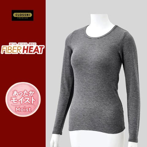 レディース　クルーネック長袖（FIBER HEAT スーパープレミアム あったかモイスト）