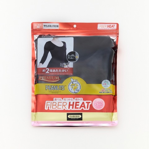 レディース　ラウンドネック8分袖（FIBER HEAT プレミアム・PEANUTS）