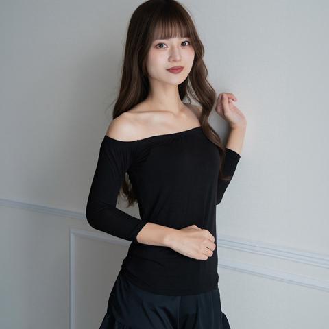 レディース カップ付きオフショルダーネック8分袖インナー（眞白ありす・FIBER HEAT）