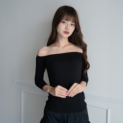 レディース カップ付きオフショルダーネック8分袖インナー（眞白ありす・FIBER HEAT）