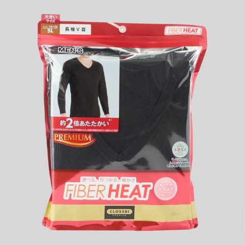 メンズ　長袖V首インナー（3L～5L・FIBER HEATプレミアム）