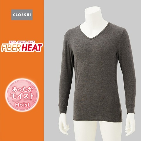メンズ　長袖V首インナー 3L～5L（FIBER HEAT あったかモイスト）
