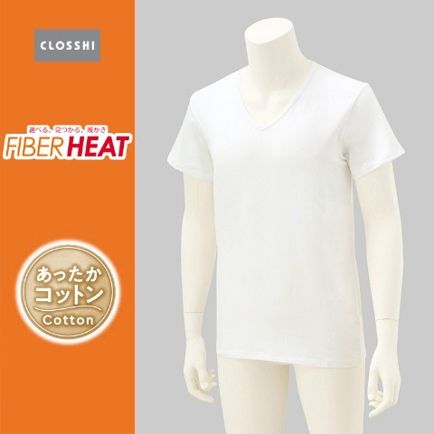 メンズ　半袖Ｖ首インナー（FIBERHEATコットン）