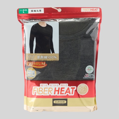 メンズ　長袖丸首インナー（3L～5L・FIBER HEATプレミアム あったかコットン）
