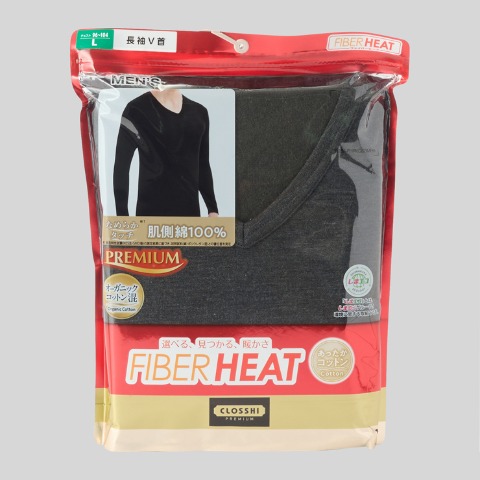 メンズ　長袖V首インナー（3L～5L・FIBER HEATプレミアム あったかコットン）