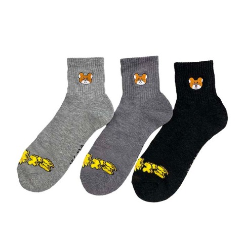 メンズ　クォーター丈 底パイル編みソックス刺繍付 24-26cm（スキネズミ）