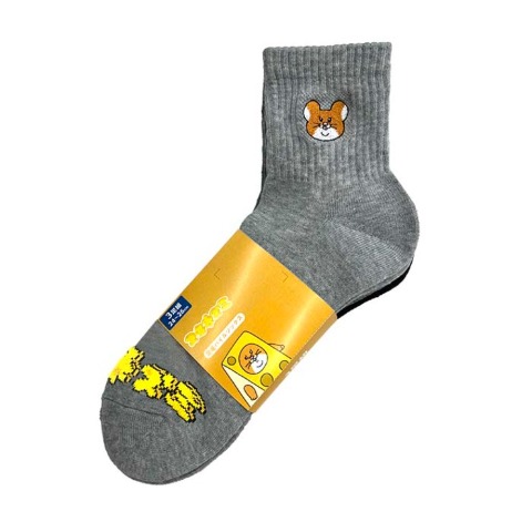 メンズ　クォーター丈 底パイル編みソックス刺繍付 24-26cm（スキネズミ）
