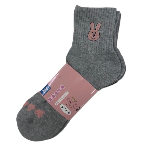 メンズ　クォーター丈 底パイル編みソックス刺繍付 24-26cm（スキウサギ）