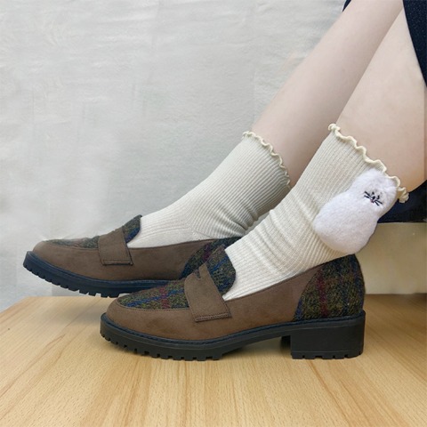 レディース クルーソックス マスコット付（23-25cm・ねこ）