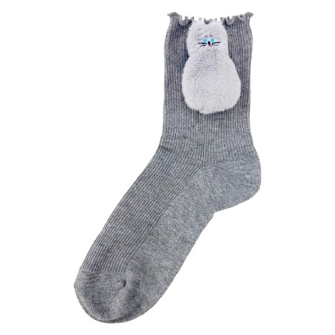レディース クルーソックス マスコット付（23-25cm・ねこ）