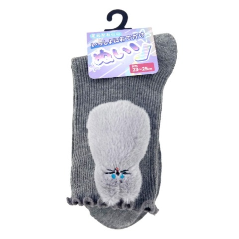 レディース クルーソックス マスコット付（23-25cm・ねこ）