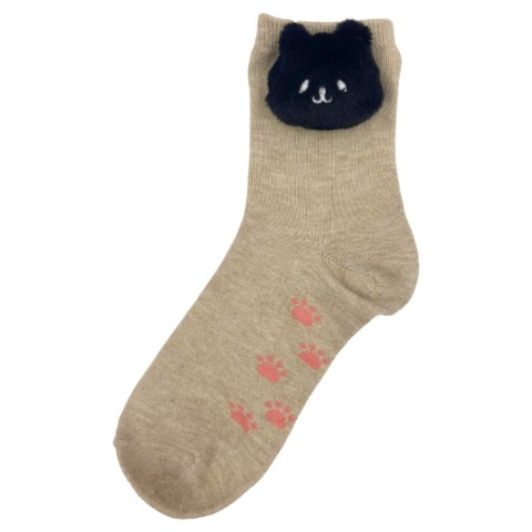 レディース クルーソックス マスコット付（23-25cm・黒ねこ）