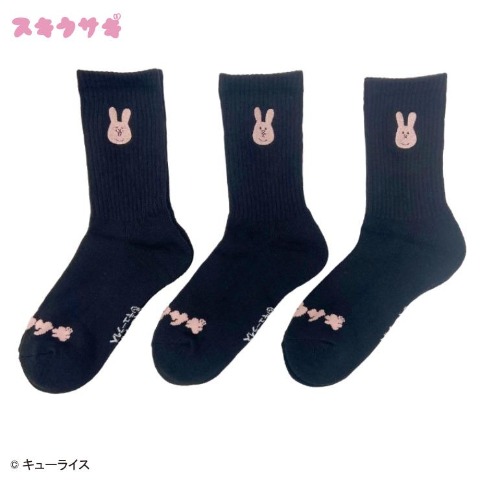 レディース　クルー丈 底パイル刺繍ソックス（スキウサギ）