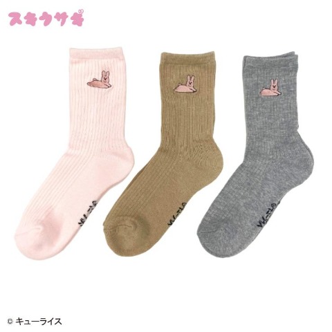 レディース　クルー丈 底パイル刺繍ソックス（スキウサギ）