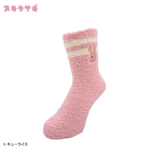 レディース　クルー丈 ふわふわ刺繍ソックス（スキウサギ）