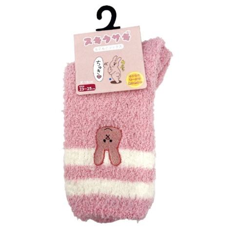 レディース　クルー丈 ふわふわ刺繍ソックス（スキウサギ）