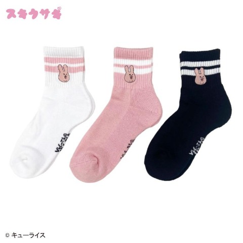 レディース　クォーター丈 底パイル刺繍ソックス（スキウサギ）