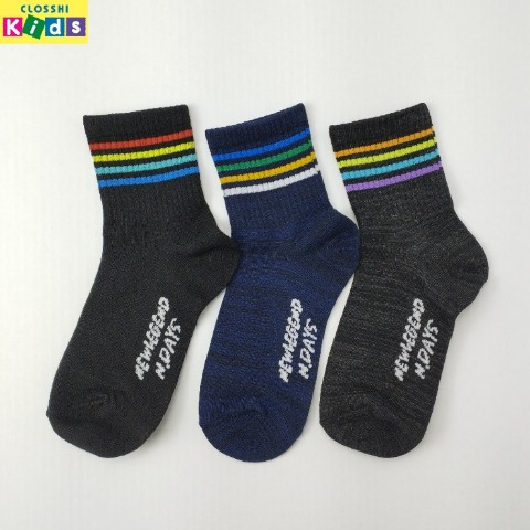 キッズ　3足組クルーソックス（19-24cm・どこでもっと！）