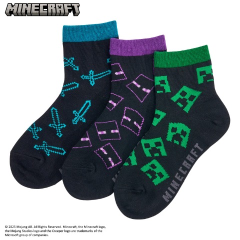 キッズ 3足組ショートソックス（19-24cm・マインクラフト）