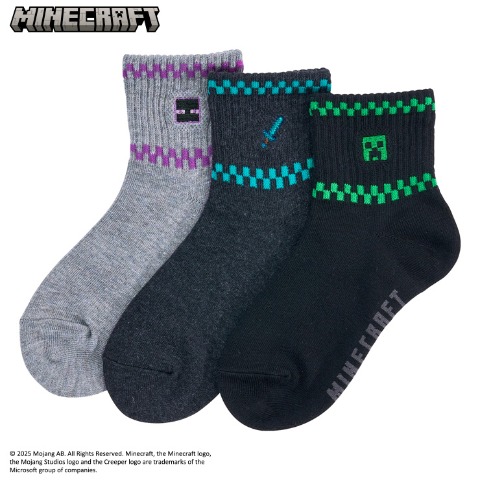 キッズ 3足組ショートソックス（19-24cm・マインクラフト）