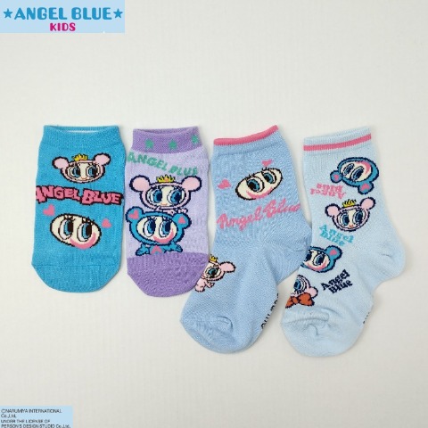 キッズ　4足組スニーカー・クルーソックス ポーチ付き（15-20cm・ANGEL BLUE）