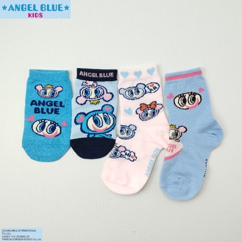 キッズ　4足組スニーカー・クルーソックス ポーチ付き（15-20cm・ANGEL BLUE）