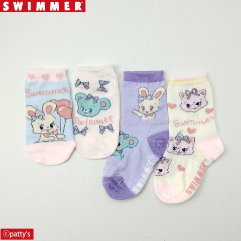 キッズ　4足組スニーカー・クルーソックス ポーチ付き（15-20cm・SWIMMER）