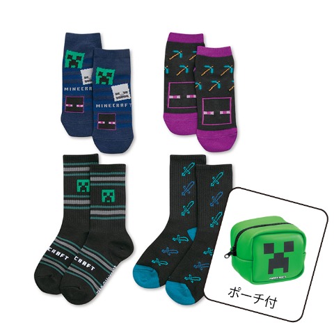 キッズ 4足組スニーカーインソックス・クルーソックス（19-24cm・マインクラフト）