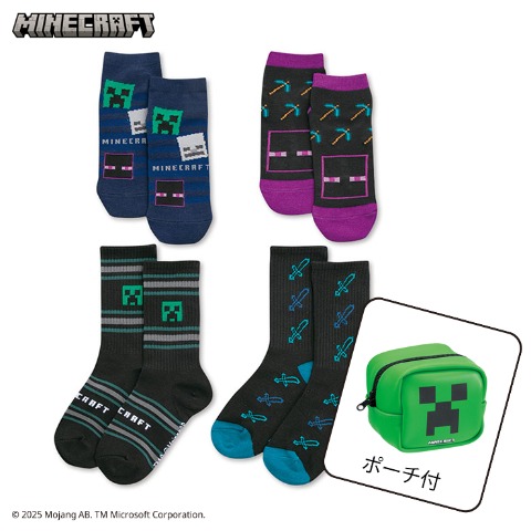 キッズ 4足組スニーカーインソックス・クルーソックス（19-24cm・マインクラフト）