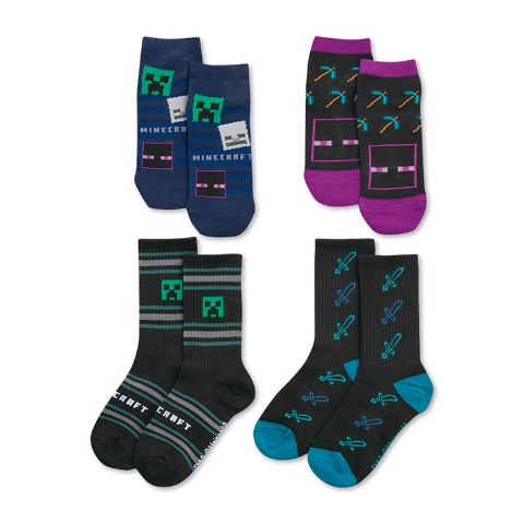 キッズ 4足組スニーカーインソックス・クルーソックス（19-24cm・マインクラフト）