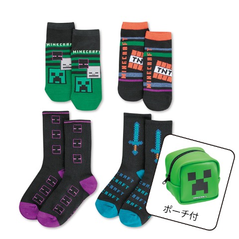 キッズ 4足組スニーカーインソックス・クルーソックス（19-24cm・マインクラフト）