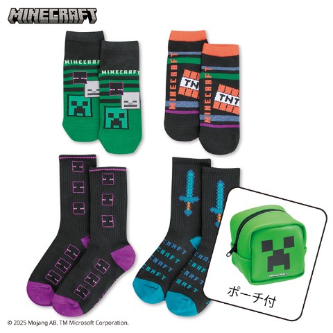 キッズ 4足組スニーカーインソックス・クルーソックス（19-24cm・マインクラフト）