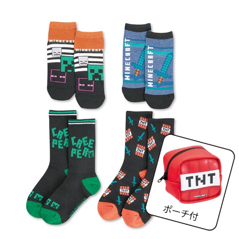 キッズ 4足組スニーカーインソックス・クルーソックス（19-24cm・マインクラフト）