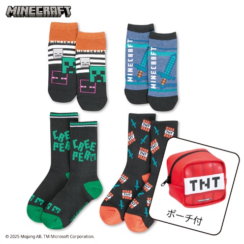 キッズ 4足組スニーカーインソックス・クルーソックス（19-24cm・マインクラフト）