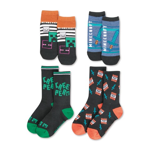 キッズ 4足組スニーカーインソックス・クルーソックス（19-24cm・マインクラフト）
