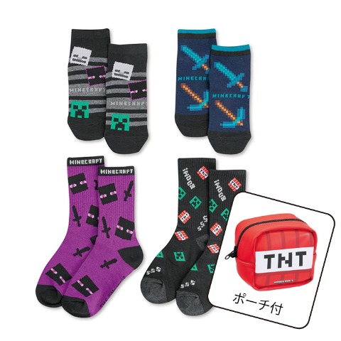 キッズ 4足組スニーカーインソックス・クルーソックス（19-24cm・マインクラフト）
