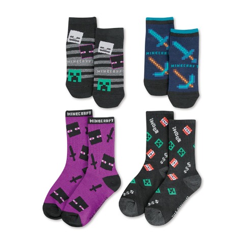 キッズ 4足組スニーカーインソックス・クルーソックス（19-24cm・マインクラフト）