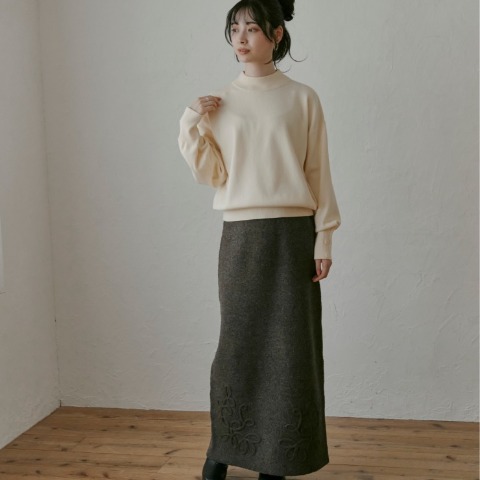 レディース　裾コード刺繍ニットナロースカート(choco)