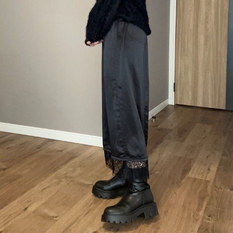 レディース　裾レースサテンナロースカート（ammy）