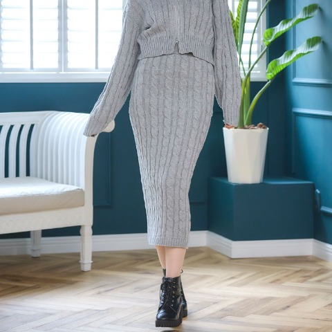 レディース　ケーブル編みニットナロースカート（2PINK）