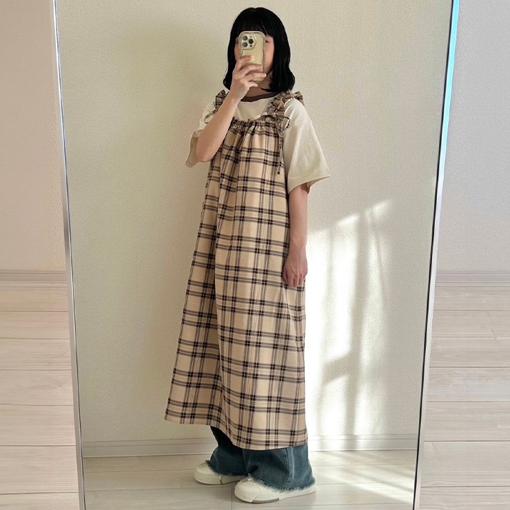 ベージュチェックキャミソールドレス （授乳服・マタニティ＞ベル 