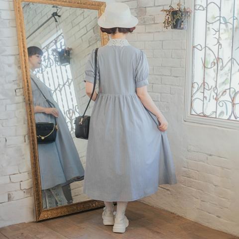レディース　バラレース衿ストライプシャツワンピース（青木美沙子）