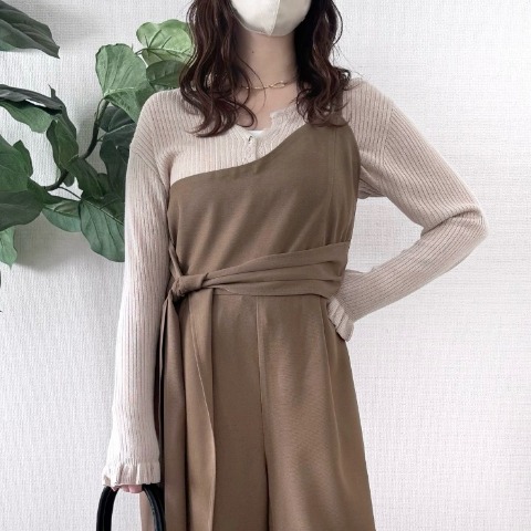 レディース　ワンショルウエストデザインオールインワン（TOMO）