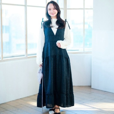 レディース　ラメツイードティアードジャンパースカート（serimash）