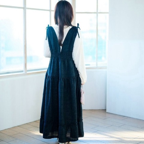 レディース　ラメツイードティアードジャンパースカート（serimash）