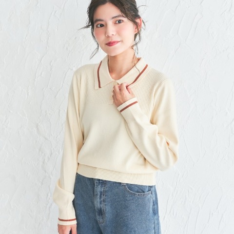 レディース　ライン入りポロ衿ニットプルオーバー(LienRuru)