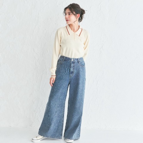 レディース　ライン入りポロ衿ニットプルオーバー(LienRuru)