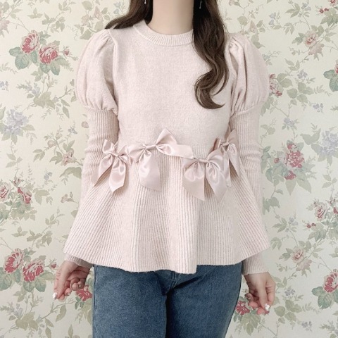 レディース　リボン使いパフスリーブニットプルオーバー(maki)